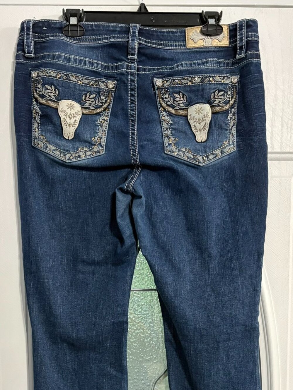 Miss Me Mid-Rise Bootcut Jeans 34 Plus Blue Embroidered Sequin Studded Longhorn
